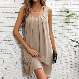 Commuter style solid color pleated vest dress women's loose U - neck strap A - shaped dress - Negative Apparel
