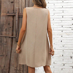 Commuter style solid color pleated vest dress women's loose U - neck strap A - shaped dress - Negative Apparel