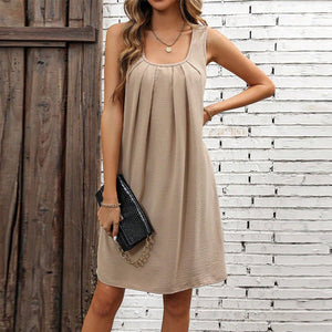 Commuter style solid color pleated vest dress women's loose U - neck strap A - shaped dress - Negative Apparel