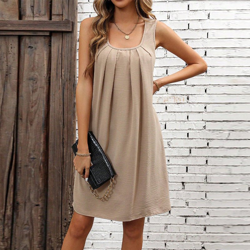 Commuter style solid color pleated vest dress women's loose U - neck strap A - shaped dress - Negative Apparel