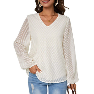 Commuting wind semi - transparent long - sleeved shirt loose jacquard pullover shirt women's clothing - Negative Apparel
