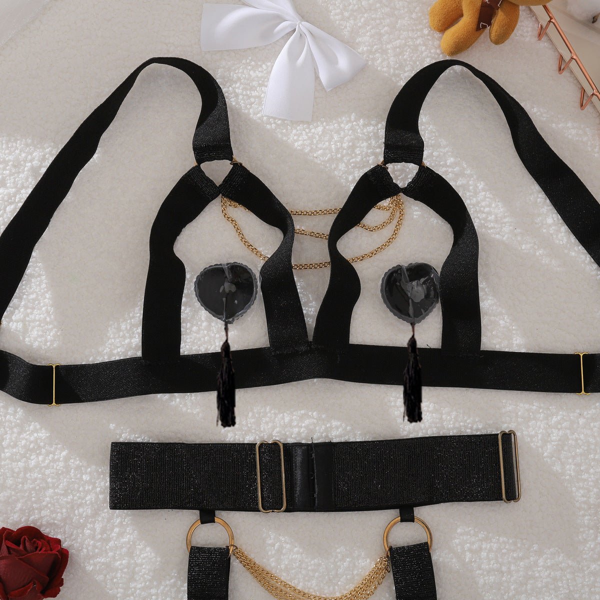 Complex process metal chain decoration pure desire hollow body sculpting sexy underwear split set - Negative Apparel