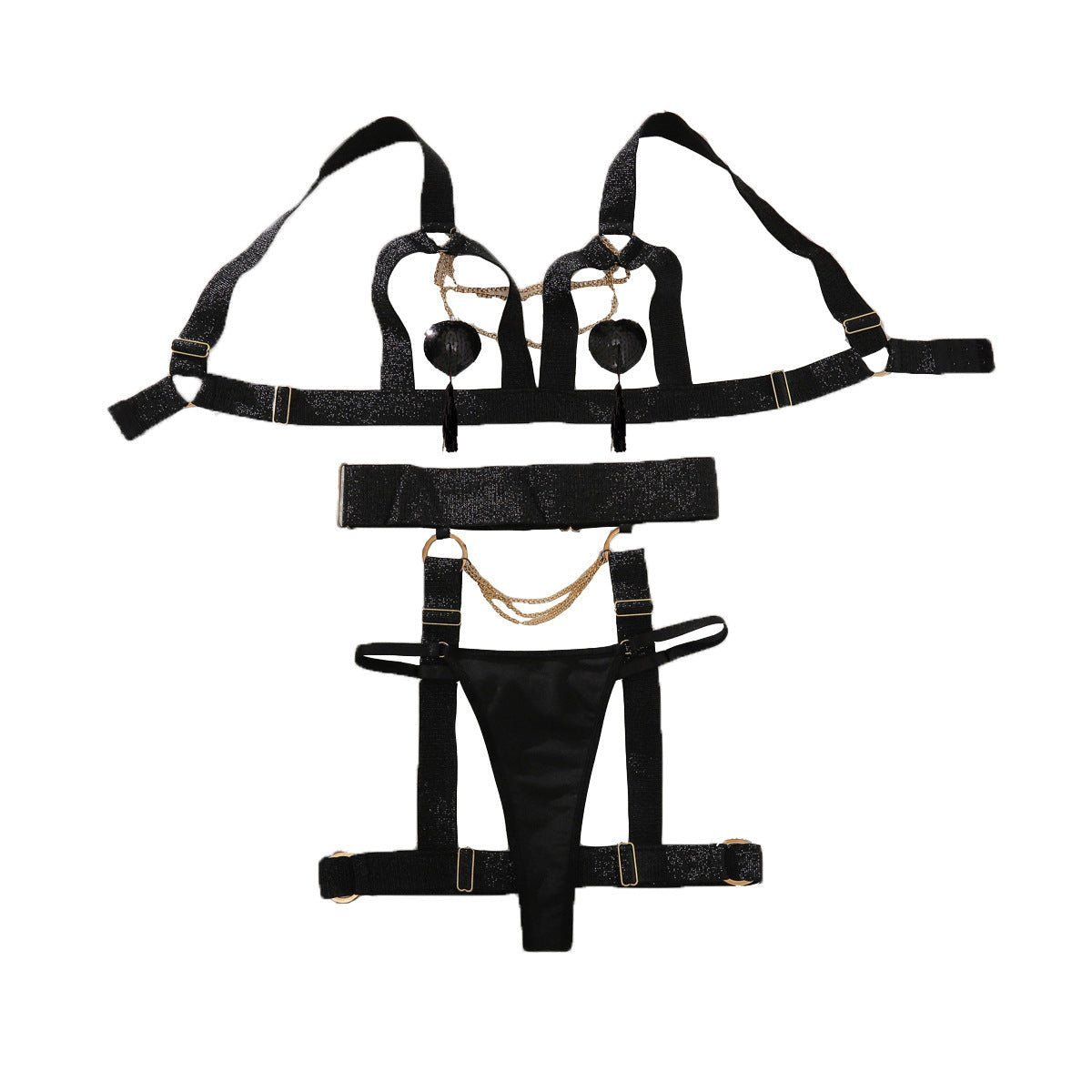 Complex process metal chain decoration pure desire hollow body sculpting sexy underwear split set - Negative Apparel