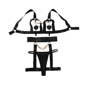 Complex process metal chain decoration pure desire hollow body sculpting sexy underwear split set - Negative Apparel