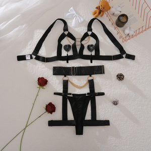 Complex process metal chain decoration pure desire hollow body sculpting sexy underwear split set - Negative Apparel