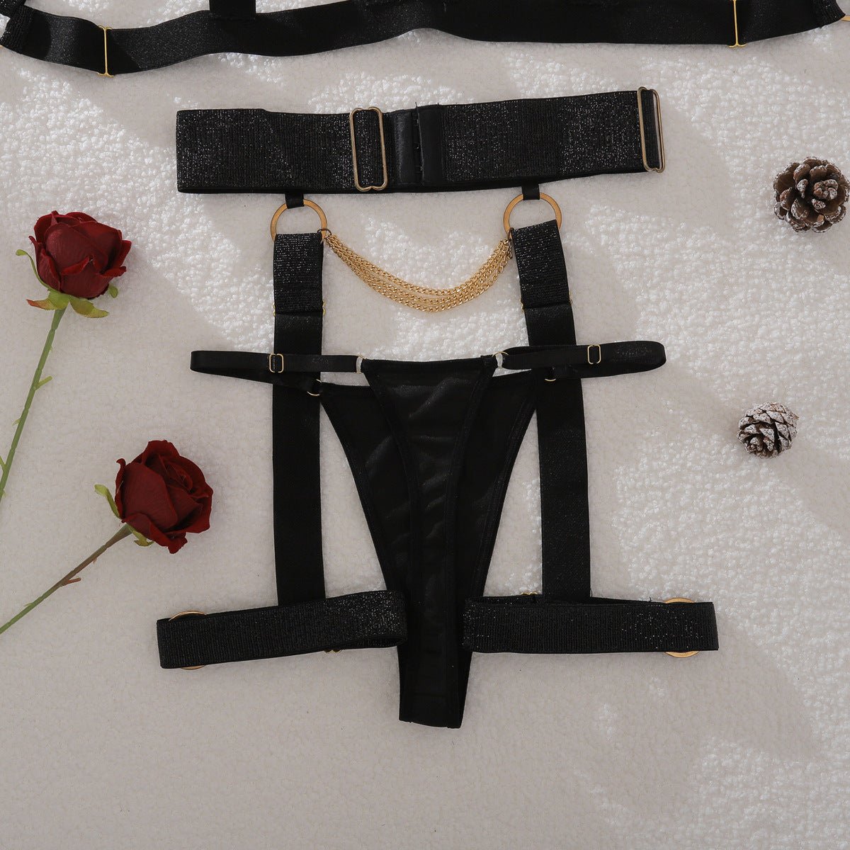 Complex process metal chain decoration pure desire hollow body sculpting sexy underwear split set - Negative Apparel