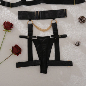 Complex process metal chain decoration pure desire hollow body sculpting sexy underwear split set - Negative Apparel