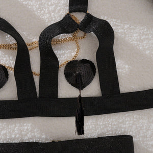 Complex process metal chain decoration pure desire hollow body sculpting sexy underwear split set - Negative Apparel