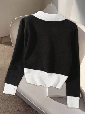 Contrast Color Collar Long Sleeve Casual Knitted Cardigan FD - Negative Apparel