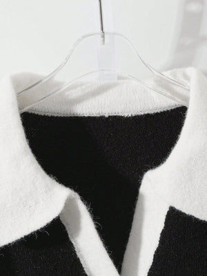 Contrast Color Collar Long Sleeve Casual Knitted Cardigan FD - Negative Apparel