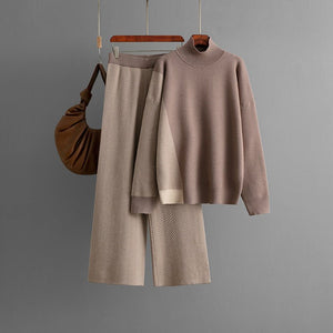 Contrasting color semi - turtleneck loose knitted top wide - leg pants two - piece set - Negative Apparel
