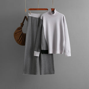 Contrasting color semi - turtleneck loose knitted top wide - leg pants two - piece set - Negative Apparel