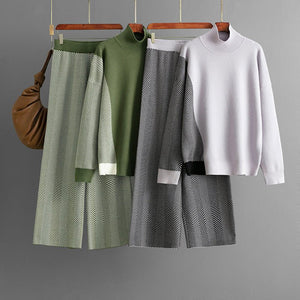 Contrasting color semi - turtleneck loose knitted top wide - leg pants two - piece set - Negative Apparel