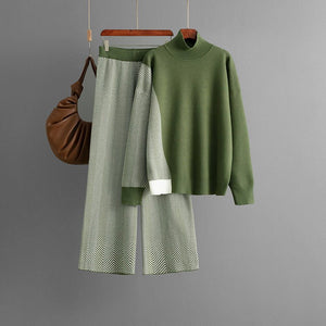 Contrasting color semi - turtleneck loose knitted top wide - leg pants two - piece set - Negative Apparel