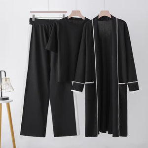 Contrasting colors comfortable & warm versatile knitted top wide - leg pants robe three - piece set - Negative Apparel