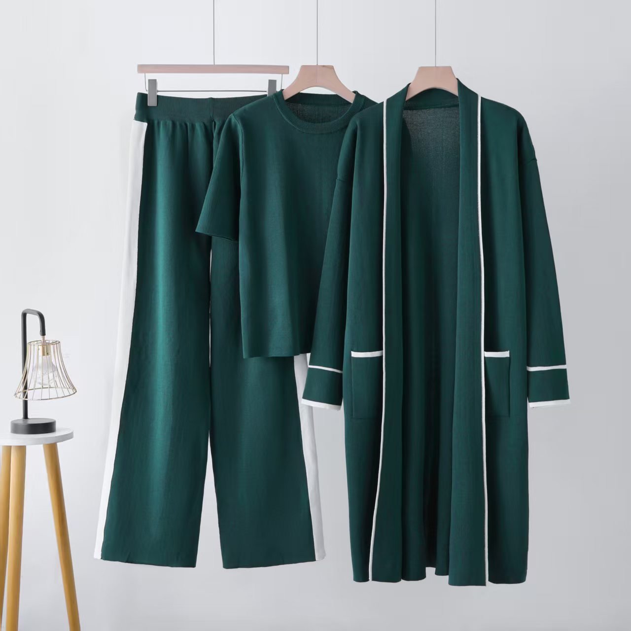 Contrasting colors comfortable & warm versatile knitted top wide - leg pants robe three - piece set - Negative Apparel