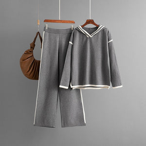 Contrasting colors split - ended long - sleeved hooded sweater wide - leg pants trousers two - piece set - Negative Apparel