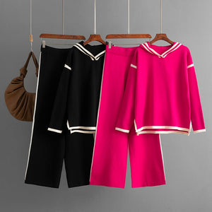 Contrasting colors split - ended long - sleeved hooded sweater wide - leg pants trousers two - piece set - Negative Apparel