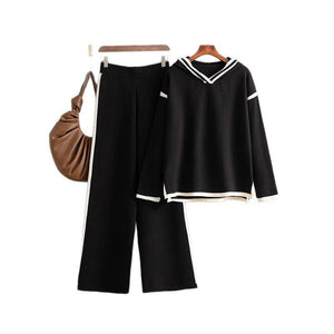 Contrasting colors split - ended long - sleeved hooded sweater wide - leg pants trousers two - piece set - Negative Apparel