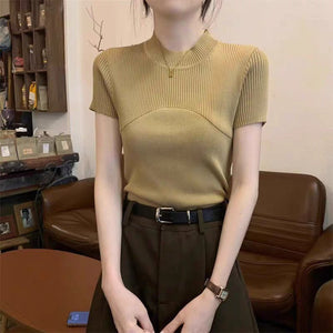 Cool silk knitted short - sleeved T-shirt women's summer 2025 new American style half - high collar slim fit T-shirt pullover top - Negative Apparel