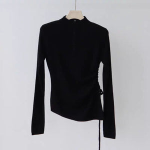 Core - spun yarn European semi - turtleneck long - sleeved knitted sweater women's autumn and winter slim - fitting and thin bottoming shirt, unique irregular top - Negative Apparel