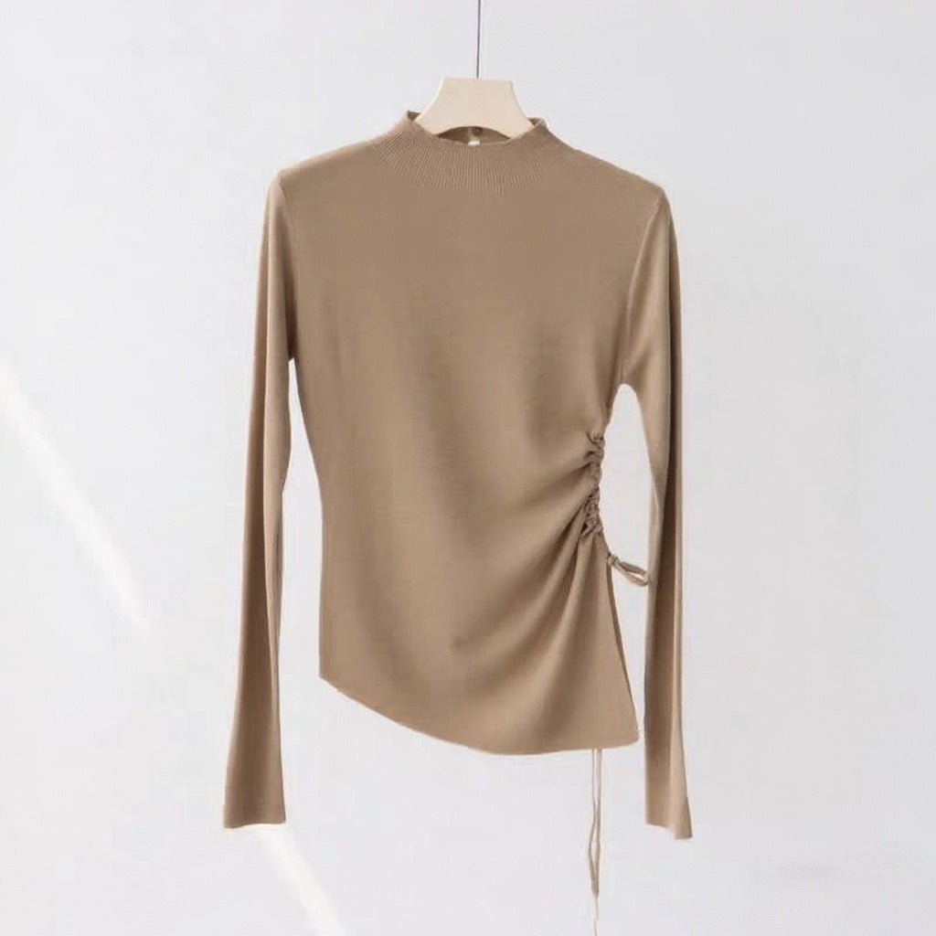 Core - spun yarn European semi - turtleneck long - sleeved knitted sweater women's autumn and winter slim - fitting and thin bottoming shirt, unique irregular top - Negative Apparel