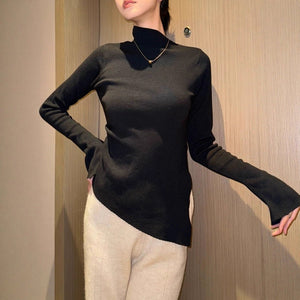 Core - spun yarn European semi - turtleneck long - sleeved knitted sweater women's autumn and winter slim - fitting and thin bottoming shirt, unique irregular top - Negative Apparel