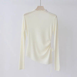 Core - spun yarn European semi - turtleneck long - sleeved knitted sweater women's autumn and winter slim - fitting and thin bottoming shirt, unique irregular top - Negative Apparel