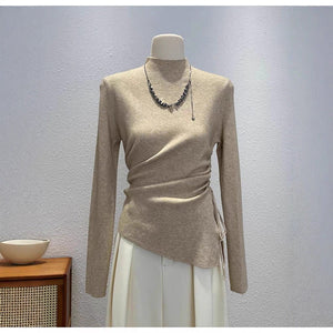 Core - spun yarn European semi - turtleneck long - sleeved knitted sweater women's autumn and winter slim - fitting and thin bottoming shirt, unique irregular top - Negative Apparel