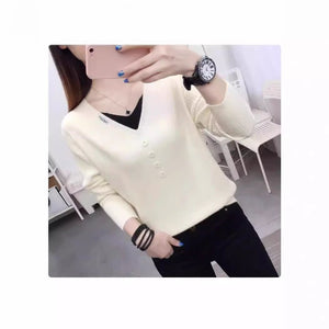 Core - spun yarn fake two - piece V - neck long - sleeved knitted sweater women's top autumn and winter new Korean version versatile sweater bottoming shirt - Negative Apparel