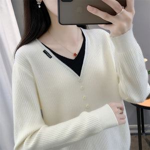Core - spun yarn fake two - piece V - neck long - sleeved knitted sweater women's top autumn and winter new Korean version versatile sweater bottoming shirt - Negative Apparel