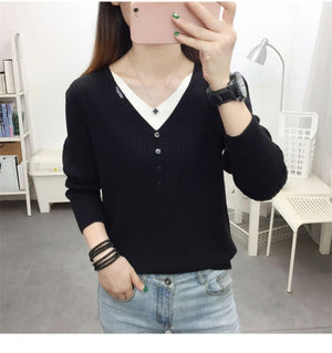 Core - spun yarn fake two - piece V - neck long - sleeved knitted sweater women's top autumn and winter new Korean version versatile sweater bottoming shirt - Negative Apparel