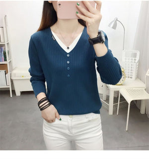Core - spun yarn fake two - piece V - neck long - sleeved knitted sweater women's top autumn and winter new Korean version versatile sweater bottoming shirt - Negative Apparel