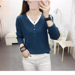 Core - spun yarn fake two - piece V - neck long - sleeved knitted sweater women's top autumn and winter new Korean version versatile sweater bottoming shirt - Negative Apparel