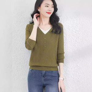 Core - spun yarn fake two - piece V - neck long - sleeved knitted sweater women's top autumn and winter new Korean version versatile sweater bottoming shirt - Negative Apparel