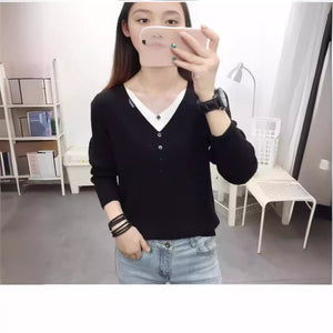 Core - spun yarn fake two - piece V - neck long - sleeved knitted sweater women's top autumn and winter new Korean version versatile sweater bottoming shirt - Negative Apparel