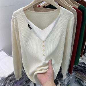 Core - spun yarn fake two - piece V - neck long - sleeved knitted sweater women's top autumn and winter new Korean version versatile sweater bottoming shirt - Negative Apparel