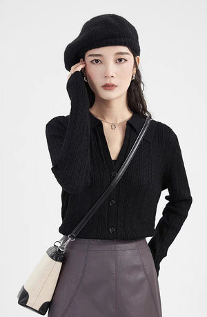 Core - spun yarn gentle wind hollow POLO neck knitted cardigan women's spring and autumn new design sense niche long - sleeved sweater women - Negative Apparel