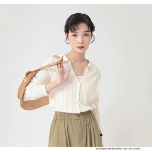 Core - spun yarn gentle wind hollow POLO neck knitted cardigan women's spring and autumn new design sense niche long - sleeved sweater women - Negative Apparel