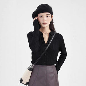 Core - spun yarn gentle wind hollow POLO neck knitted cardigan women's spring and autumn new design sense niche long - sleeved sweater women - Negative Apparel