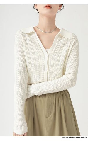 Core - spun yarn gentle wind hollow POLO neck knitted cardigan women's spring and autumn new design sense niche long - sleeved sweater women - Negative Apparel