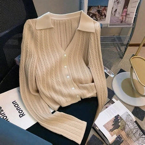 Core - spun yarn gentle wind hollow POLO neck knitted cardigan women's spring and autumn new design sense niche long - sleeved sweater women - Negative Apparel