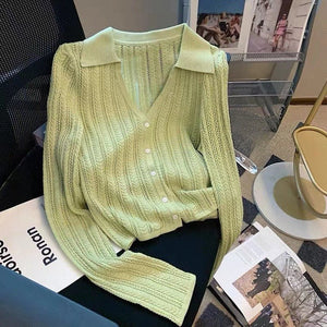 Core - spun yarn gentle wind hollow POLO neck knitted cardigan women's spring and autumn new design sense niche long - sleeved sweater women - Negative Apparel