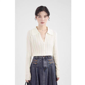 Core - spun yarn gentle wind hollow POLO neck knitted cardigan women's spring and autumn new design sense niche long - sleeved sweater women - Negative Apparel