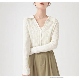 Core - spun yarn gentle wind hollow POLO neck knitted cardigan women's spring and autumn new design sense niche long - sleeved sweater women - Negative Apparel