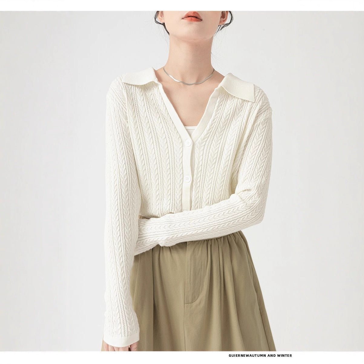 Core - spun yarn gentle wind hollow POLO neck knitted cardigan women's spring and autumn new design sense niche long - sleeved sweater women - Negative Apparel