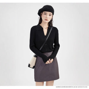 Core - spun yarn gentle wind hollow POLO neck knitted cardigan women's spring and autumn new design sense niche long - sleeved sweater women - Negative Apparel