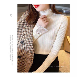 Core - spun yarn lace edge semi - turtleneck sweater bottoming shirt women's autumn and winter new inner slim - fitting long - sleeved knitted sweater top - Negative Apparel