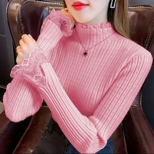 Core - spun yarn lace edge semi - turtleneck sweater bottoming shirt women's autumn and winter new inner slim - fitting long - sleeved knitted sweater top - Negative Apparel