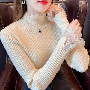 Core - spun yarn lace edge semi - turtleneck sweater bottoming shirt women's autumn and winter new inner slim - fitting long - sleeved knitted sweater top - Negative Apparel